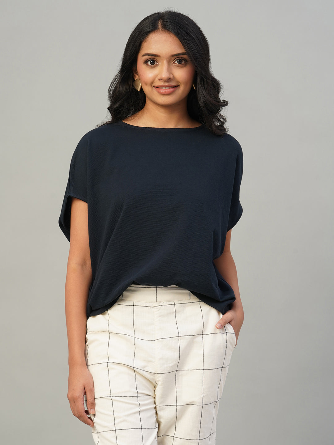 Women's Navy 100% Cotton Loose Fit Tshirt