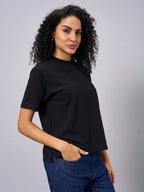 Women's Black Cotton Elastane Regular Fit Tshirt