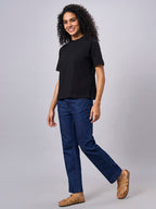Women's Black Cotton Elastane Regular Fit Tshirt