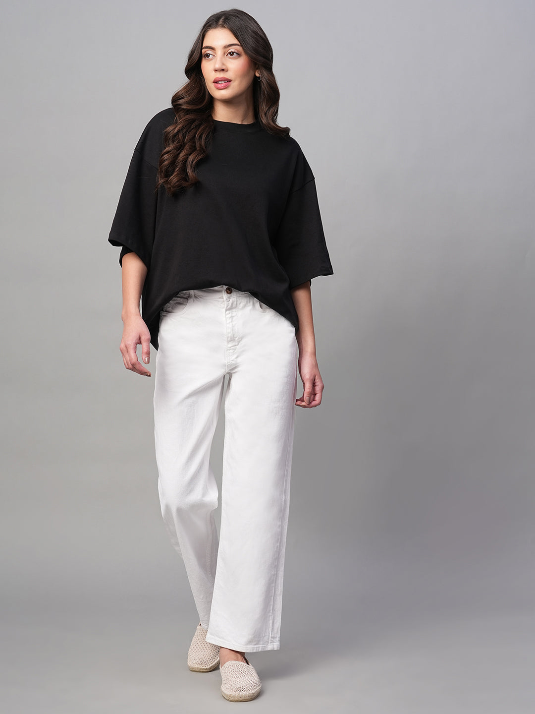 Women's Black 100% Cotton Loose Fit Tshirt