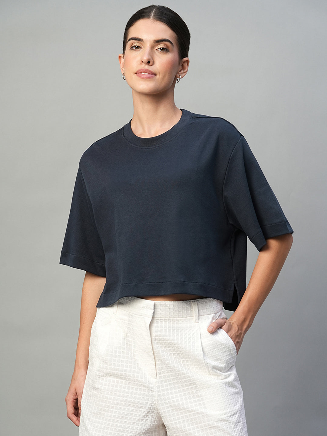Women's Blue 100% Cotton Boxy Fit Tshirt