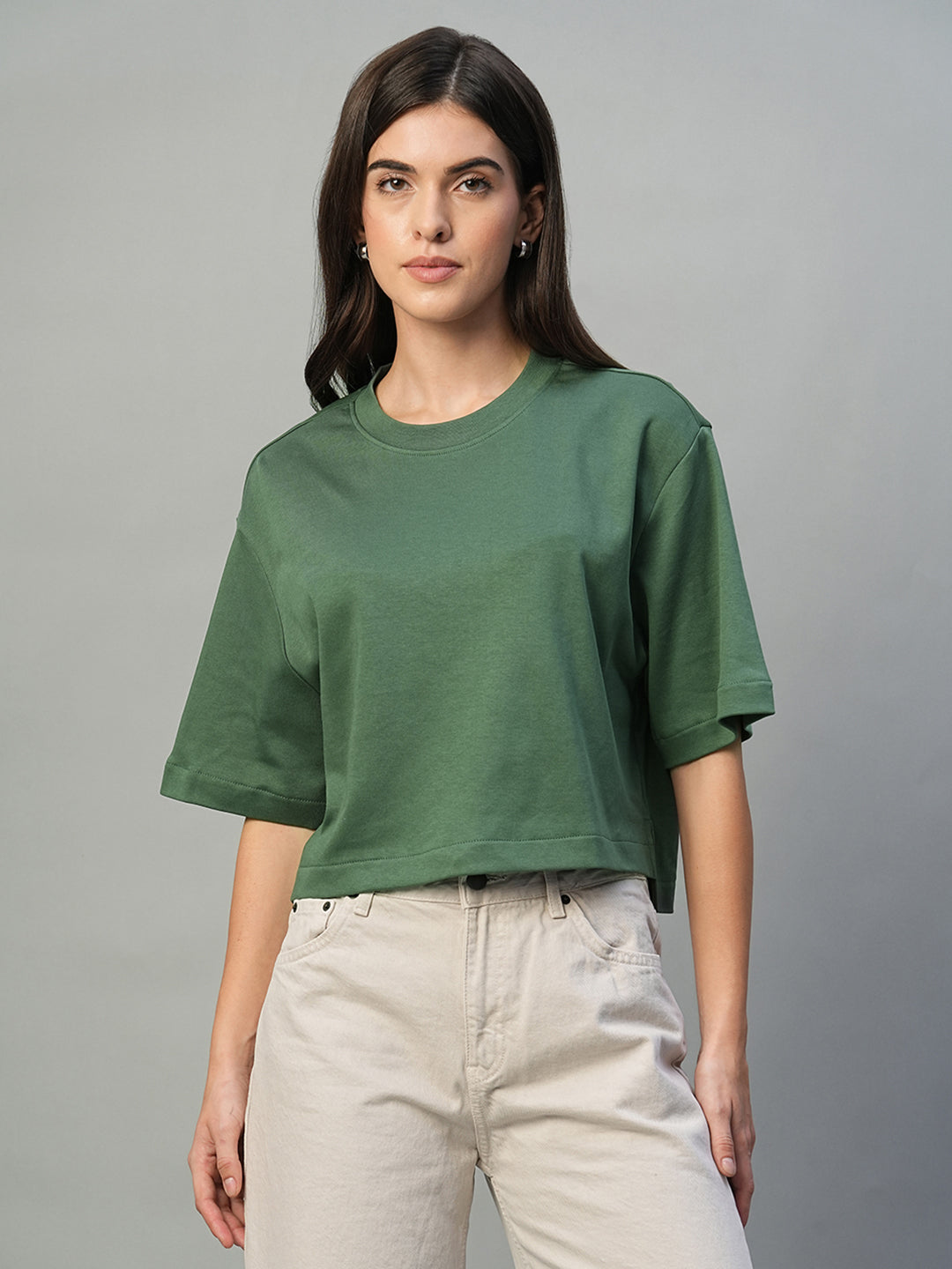 Women's Olive 100% Cotton Boxy Fit Tshirt