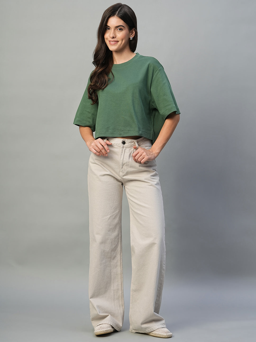 Women's Olive 100% Cotton Boxy Fit Tshirt