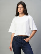 Women's White 100% Cotton Boxy Fit Tshirt