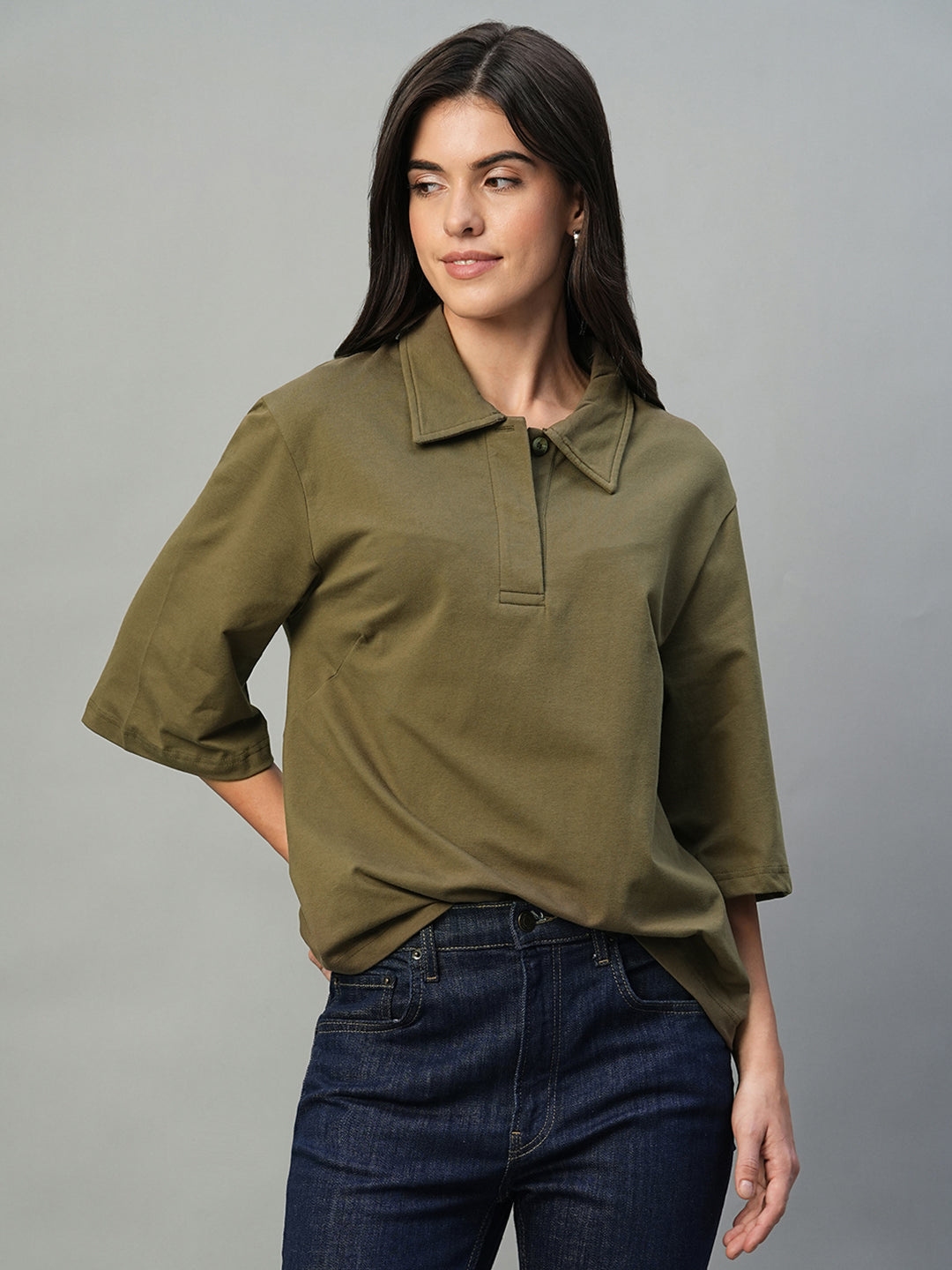 Women's Dark Brown Cotton Elastane Regular Fit Tshirt