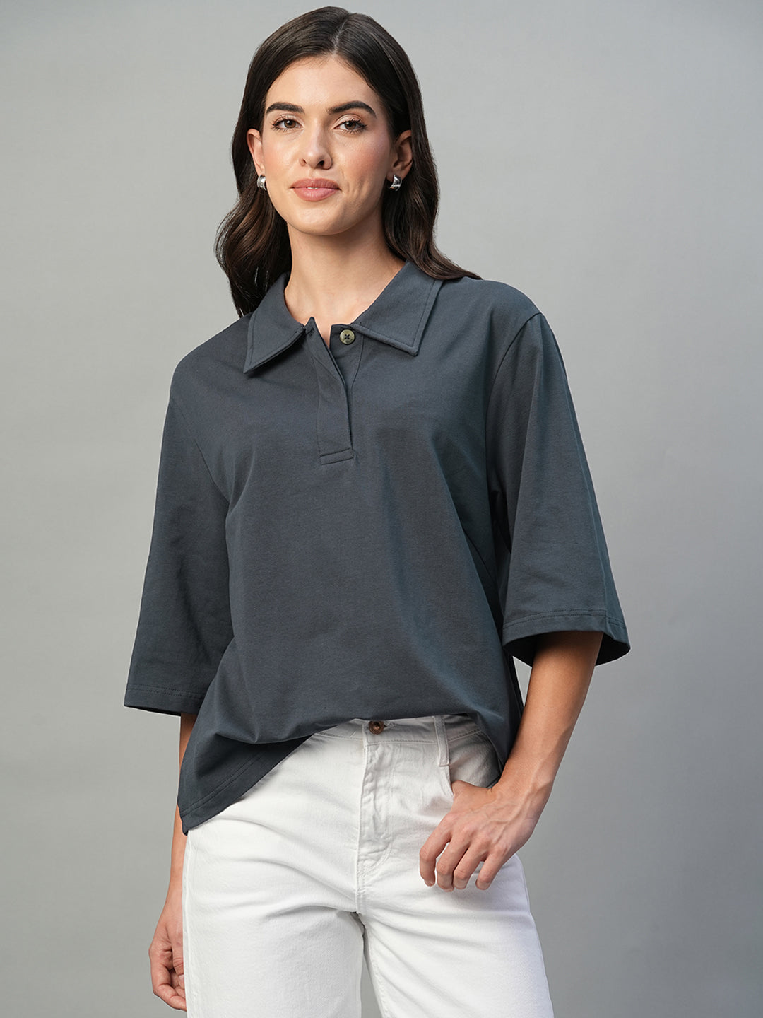 Women's Navy Cotton Elastane Regular Fit Tshirt
