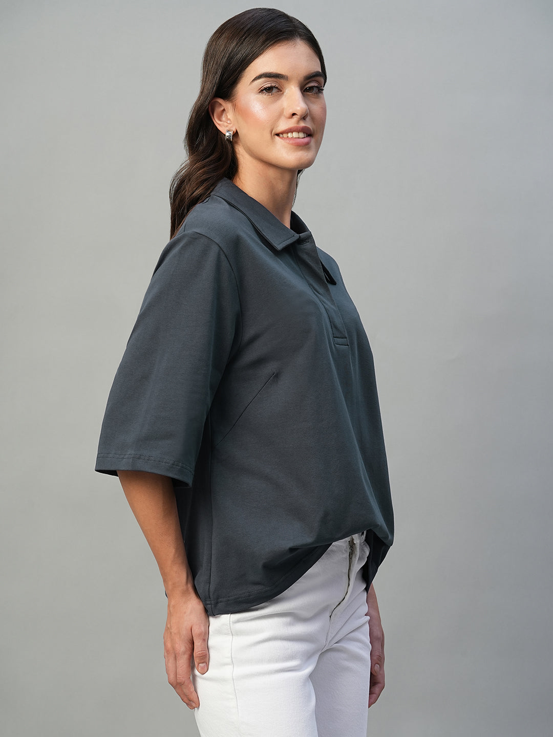 Women's Navy Cotton Elastane Regular Fit Tshirt
