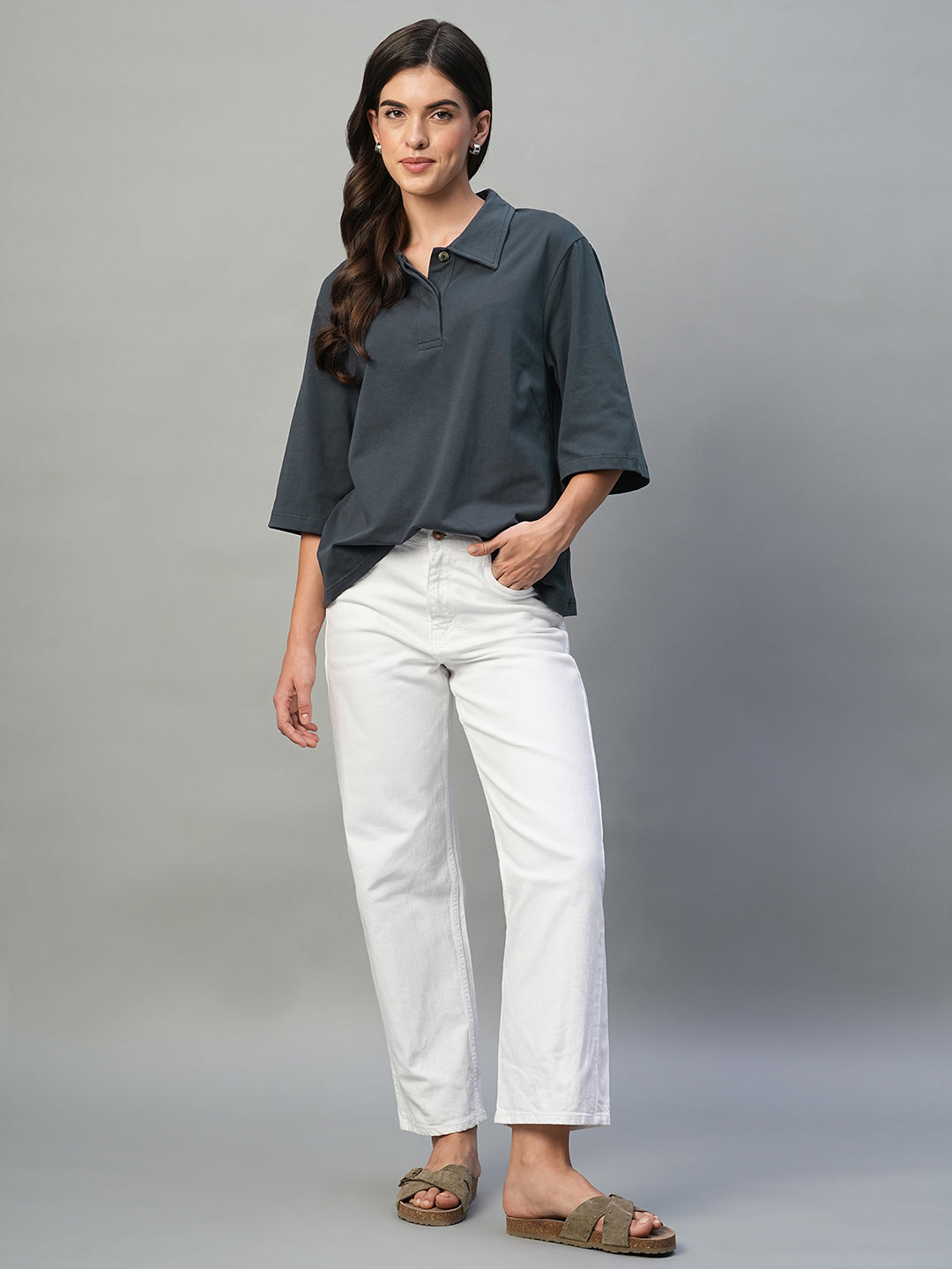 Women's Navy Cotton Elastane Regular Fit Tshirt