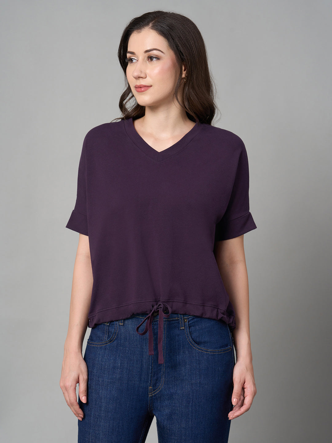 Women's Purple Cotton Elastane Loose Fit Tshirt