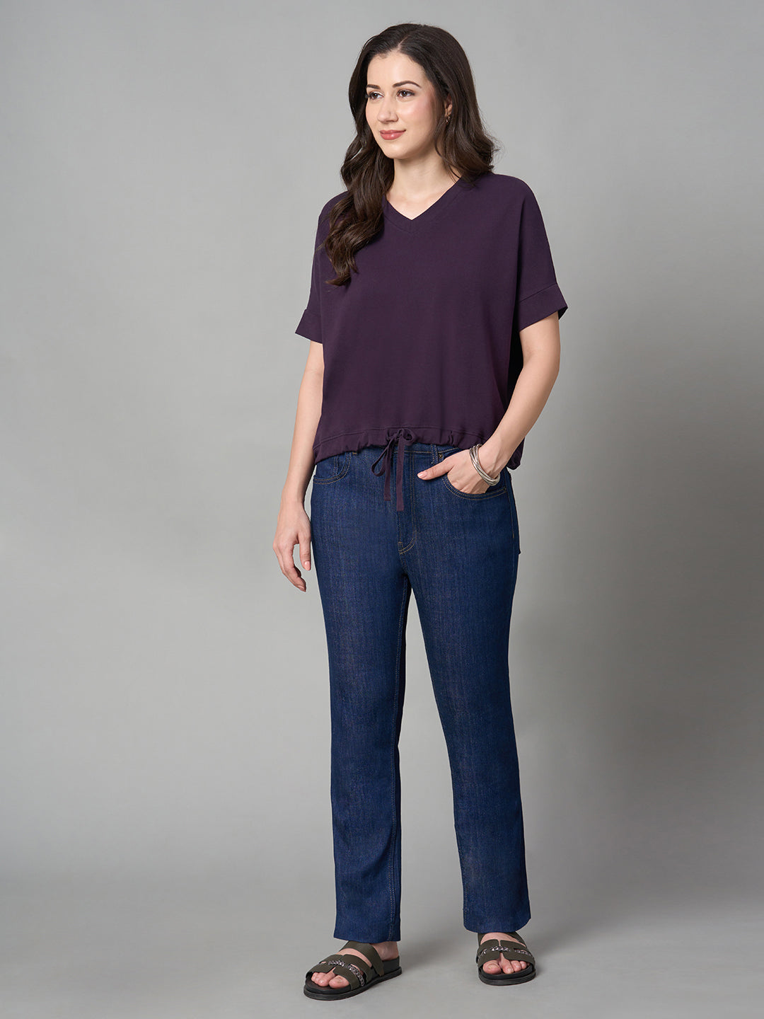 Women's Purple Cotton Elastane Loose Fit Tshirt