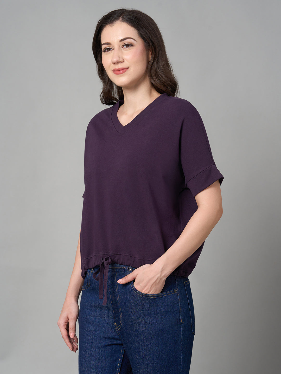 Women's Purple Cotton Elastane Loose Fit Tshirt