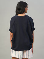 Women's Navy Cotton Elastane Loose Fit Tshirt