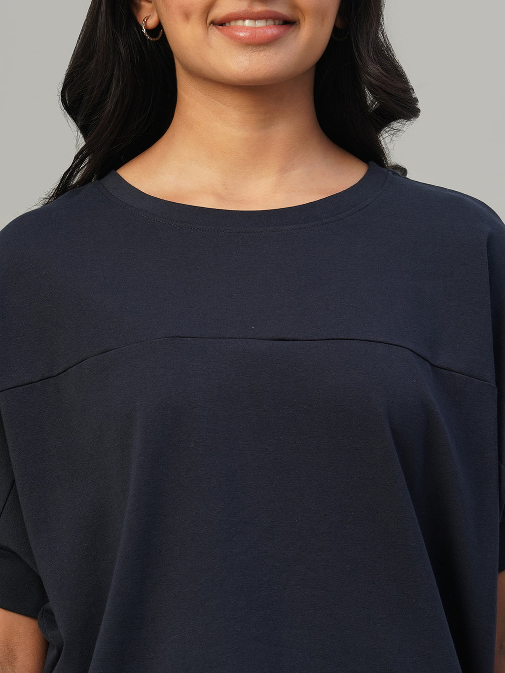 Women's Navy Cotton Elastane Loose Fit Tshirt
