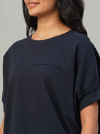 Women's Navy Cotton Elastane Loose Fit Tshirt