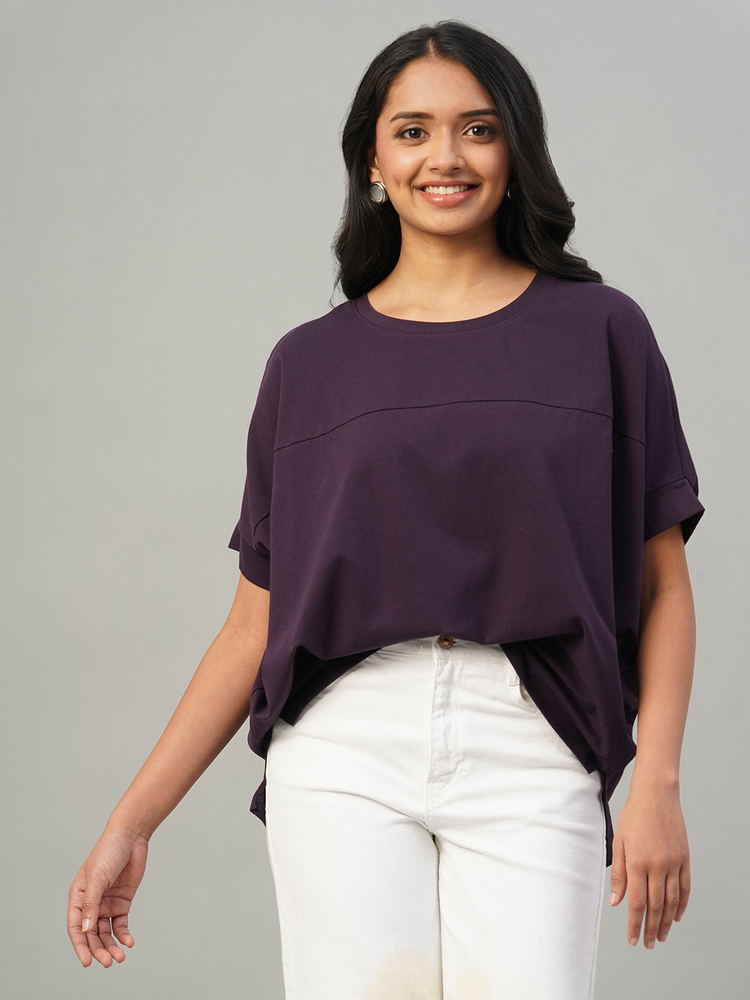 Women's Purple Cotton Elastane Loose Fit Tshirt