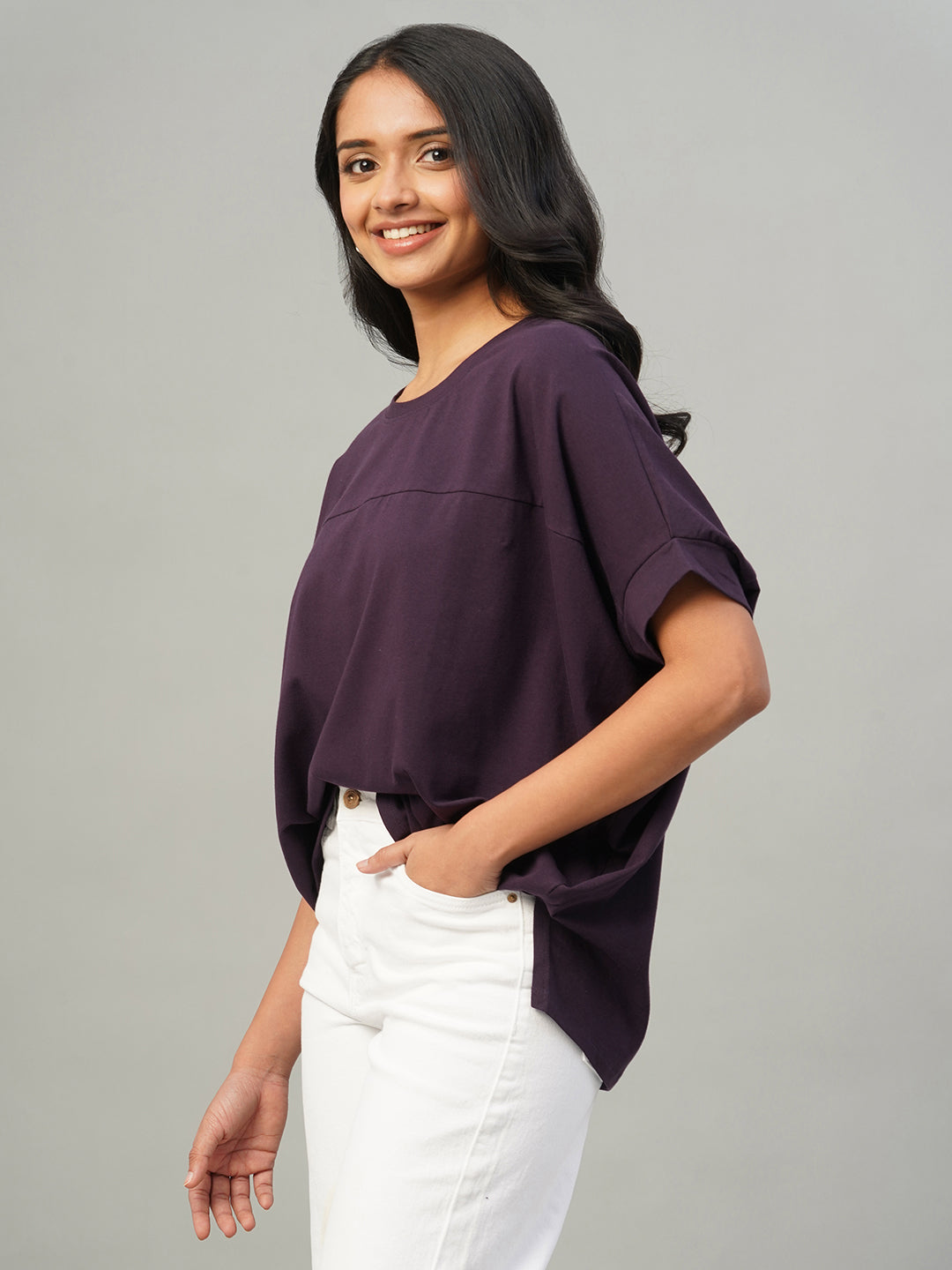Women's Purple Cotton Elastane Loose Fit Tshirt