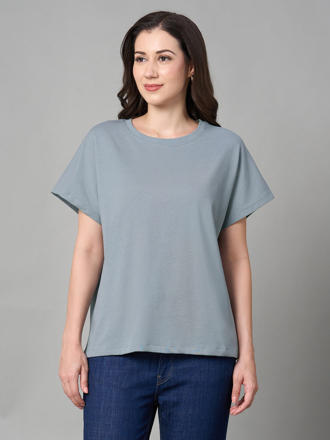 Women's Blue 100% Cotton Loose Fit Tshirt