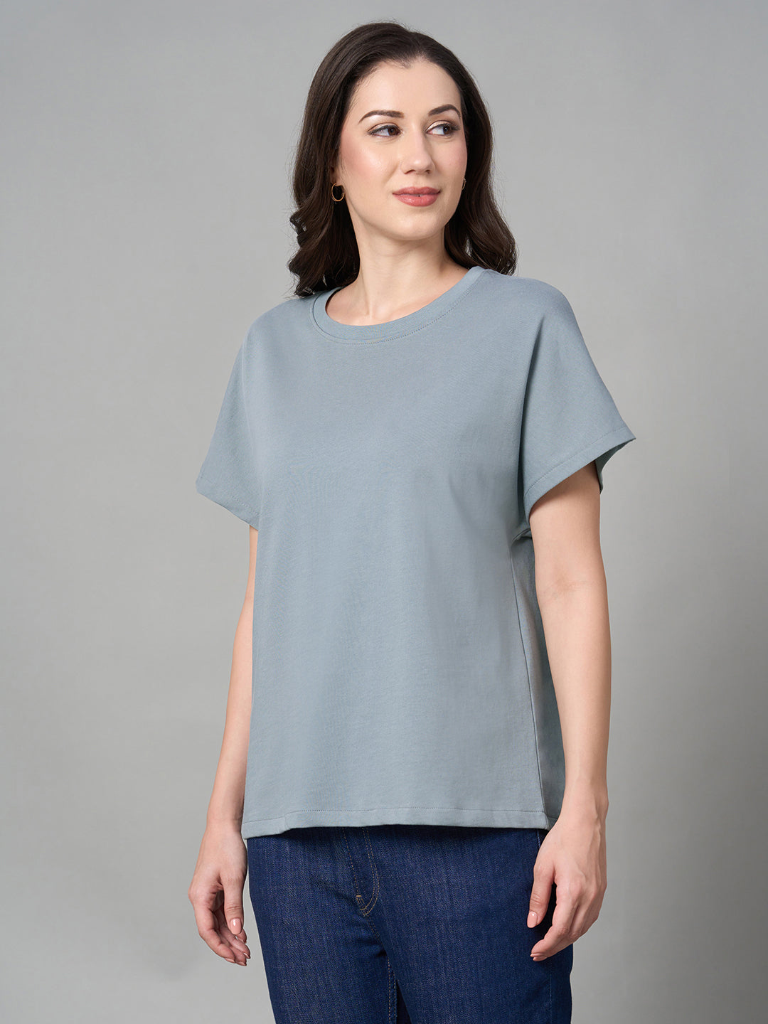 Women's Blue 100% Cotton Loose Fit Tshirt