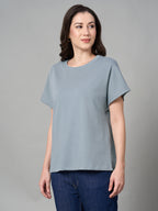 Women's Blue 100% Cotton Loose Fit Tshirt
