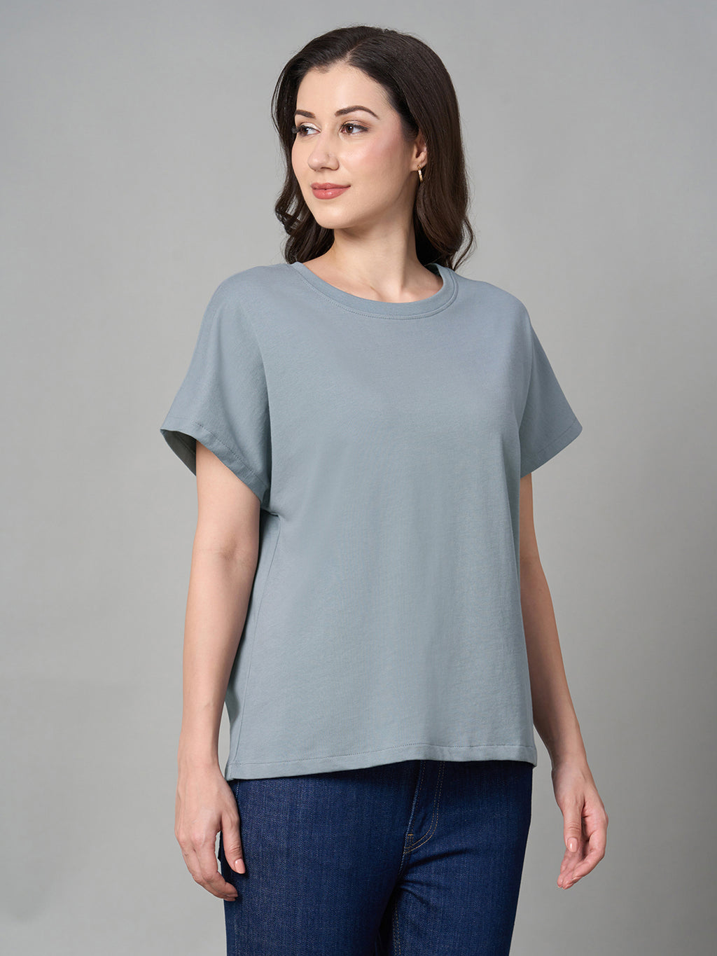 Women's Blue 100% Cotton Loose Fit Tshirt