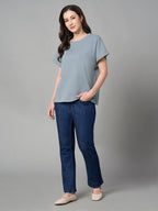 Women's Blue 100% Cotton Loose Fit Tshirt