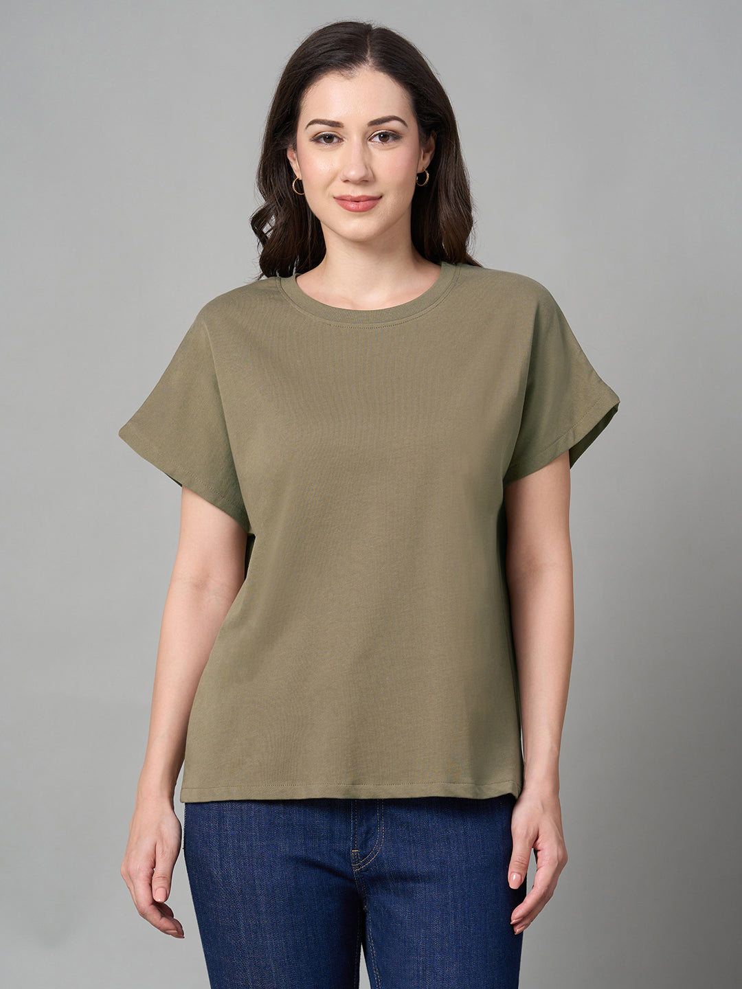 Women's Khaki 100% Cotton Loose Fit Tshirt