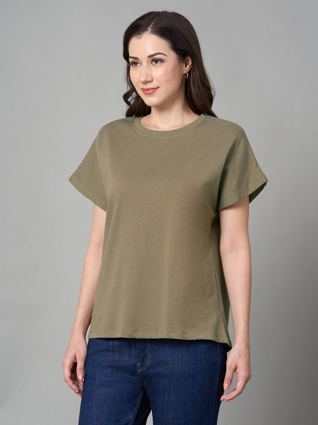 Women's Khaki 100% Cotton Loose Fit Tshirt