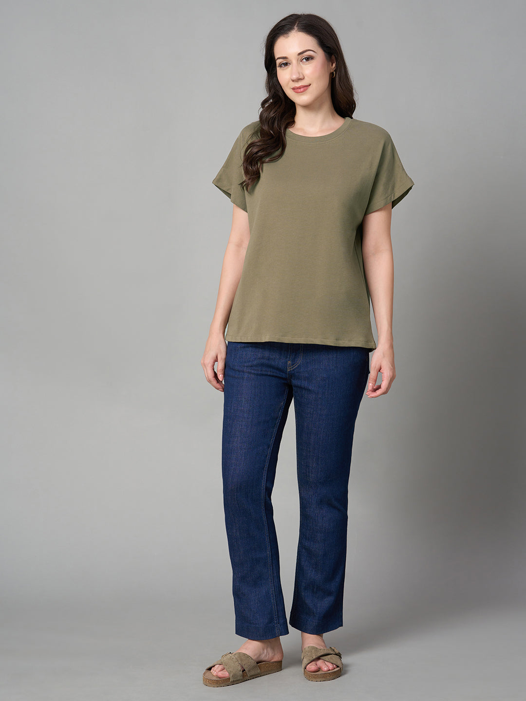 Women's Khaki 100% Cotton Loose Fit Tshirt