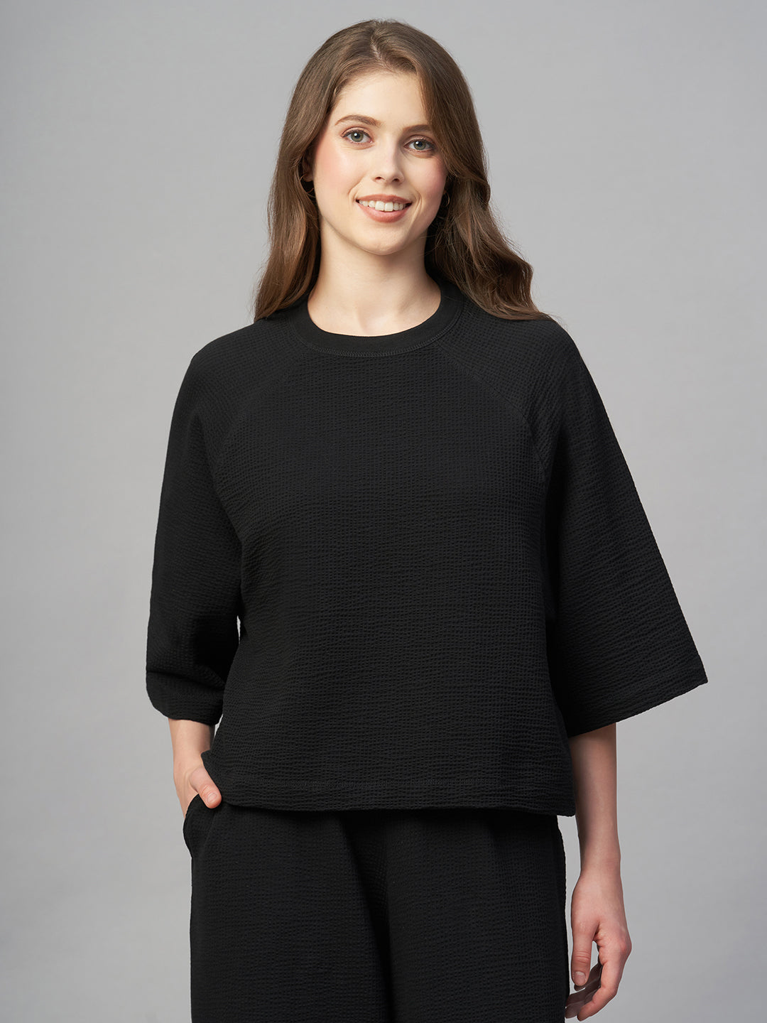 Women's Black Cotton Elastane Loose Fit Tshirt
