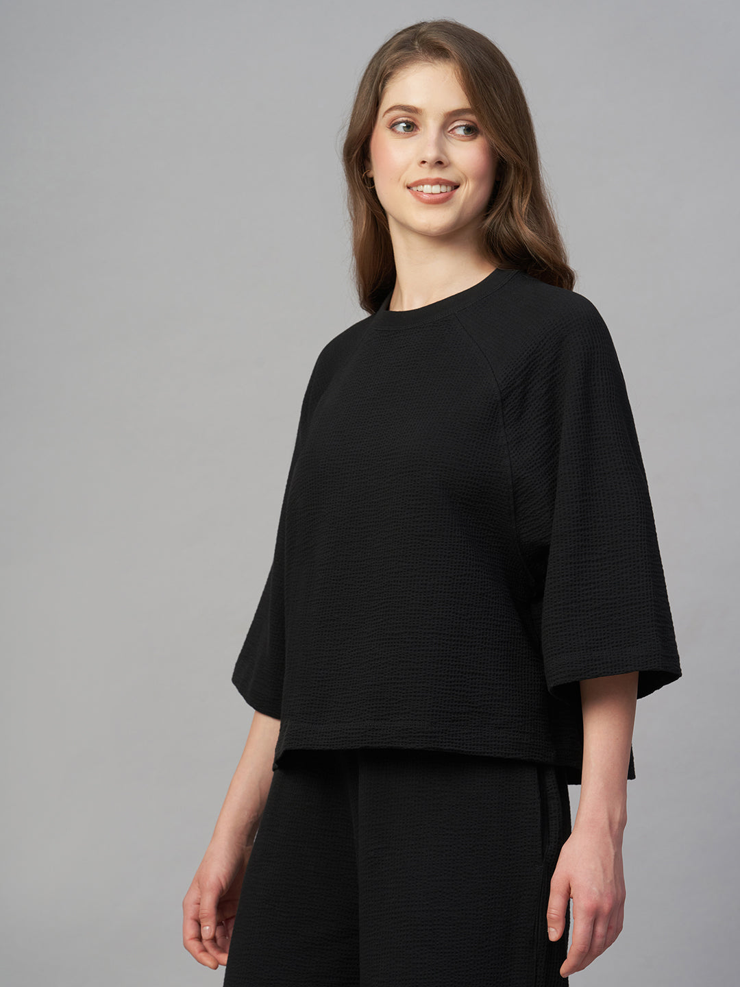 Women's Black Cotton Elastane Loose Fit Tshirt