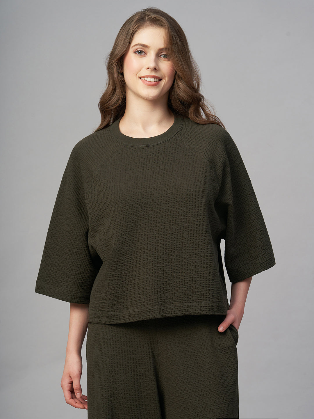 Women's Brown Cotton Elastane Loose Fit Tshirt