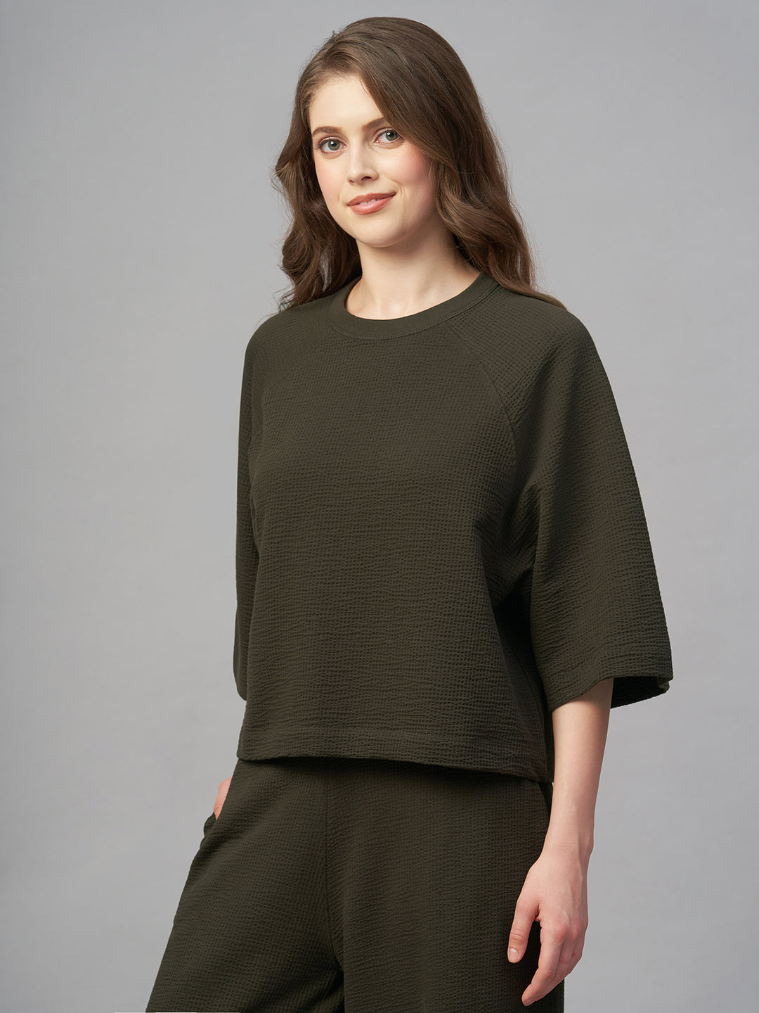 Women's Brown Cotton Elastane Loose Fit Tshirt