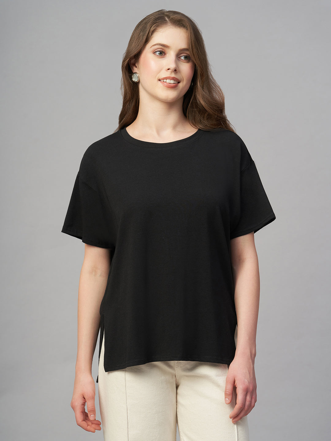 Women's Black Cotton Bamboo Elastane Loose Fit Tshirt