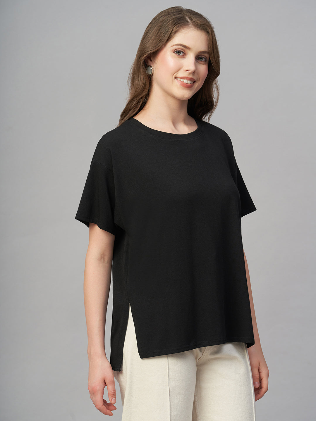 Women's Black Cotton Bamboo Elastane Loose Fit Tshirt
