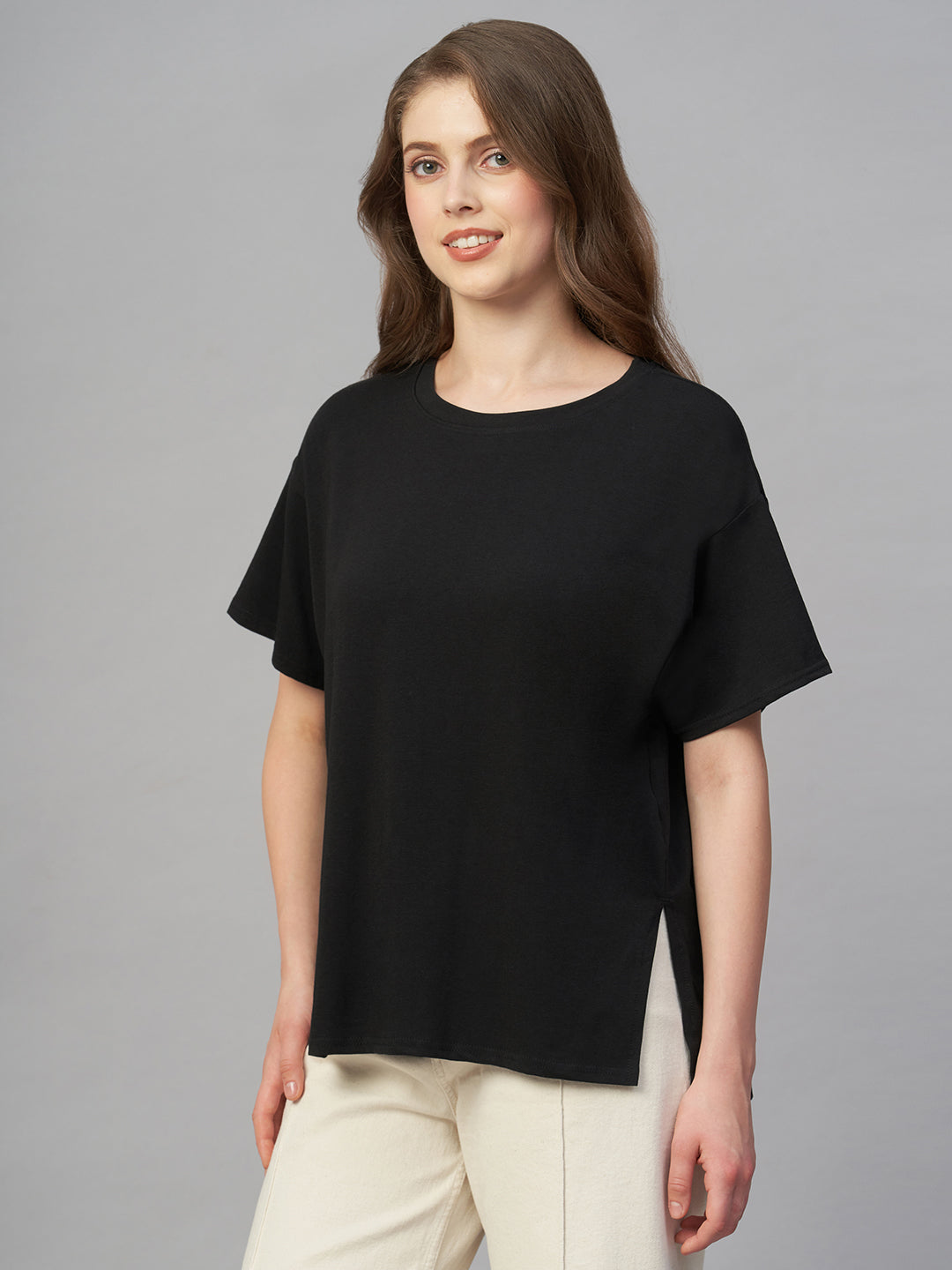 Women's Black Cotton Bamboo Elastane Loose Fit Tshirt