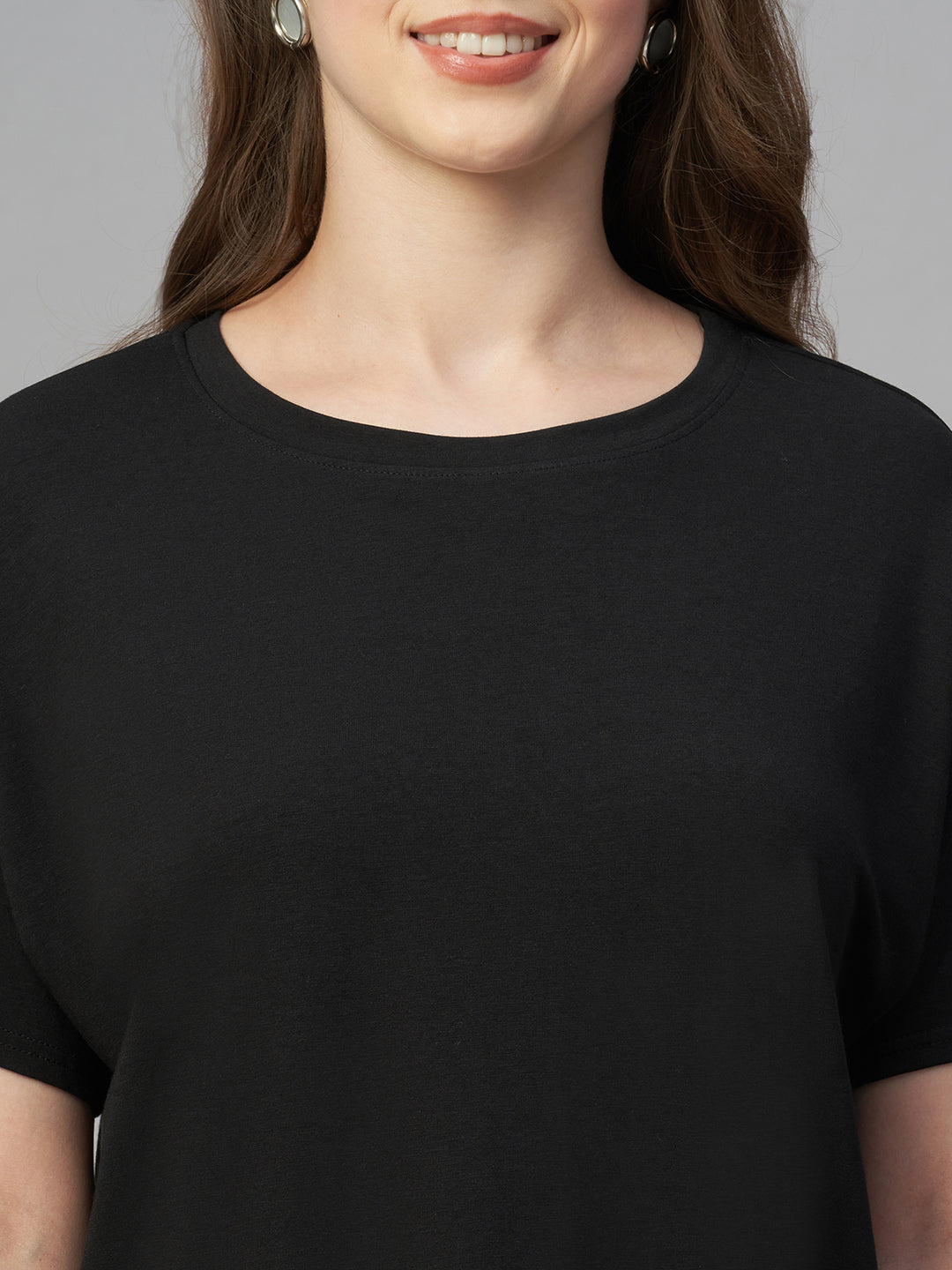 Women's Black Cotton Bamboo Elastane Loose Fit Tshirt
