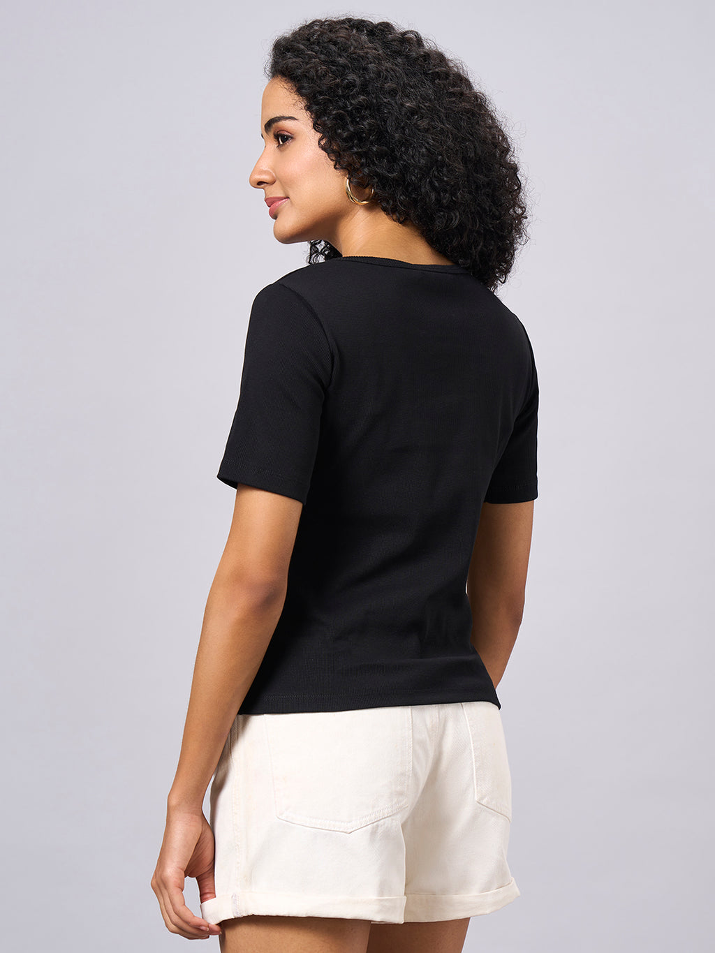 Women's Black Cotton Elastane Regular Fit Tshirt