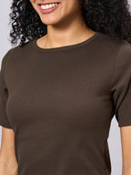Women's Brown Cotton Elastane Regular Fit Tshirt