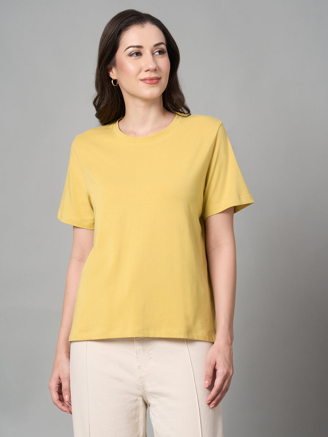 Women's Mustard Cotton Bamboo Elastane Regular Fit Tshirt