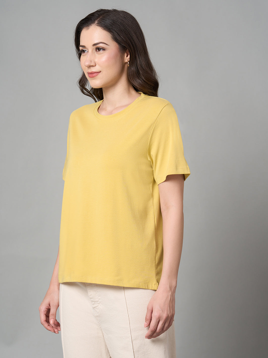 Women's Mustard Cotton Bamboo Elastane Regular Fit Tshirt