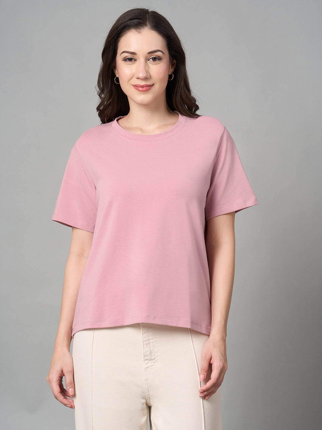 Women's Pink Cotton Bamboo Elastane Regular Fit Tshirt