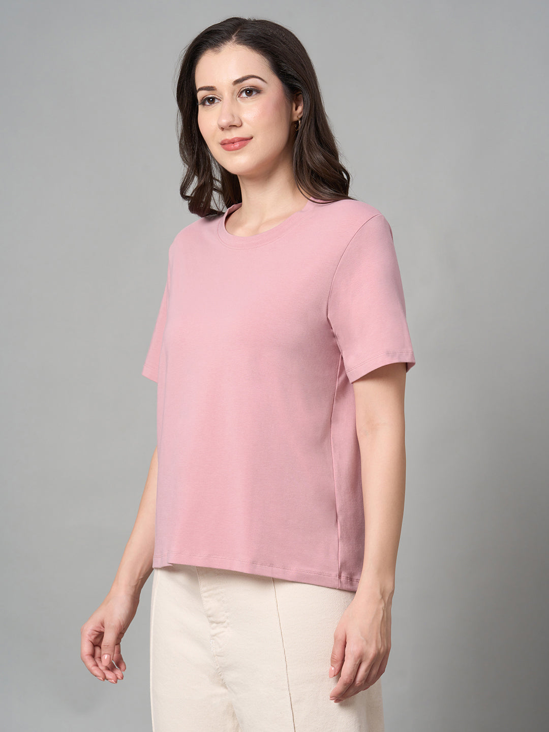 Women's Pink Cotton Bamboo Elastane Regular Fit Tshirt