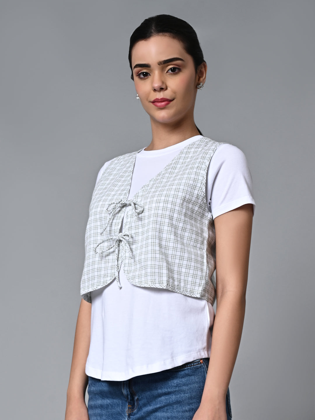 Women's White Cotton Linen Regular Fit Waistcoat