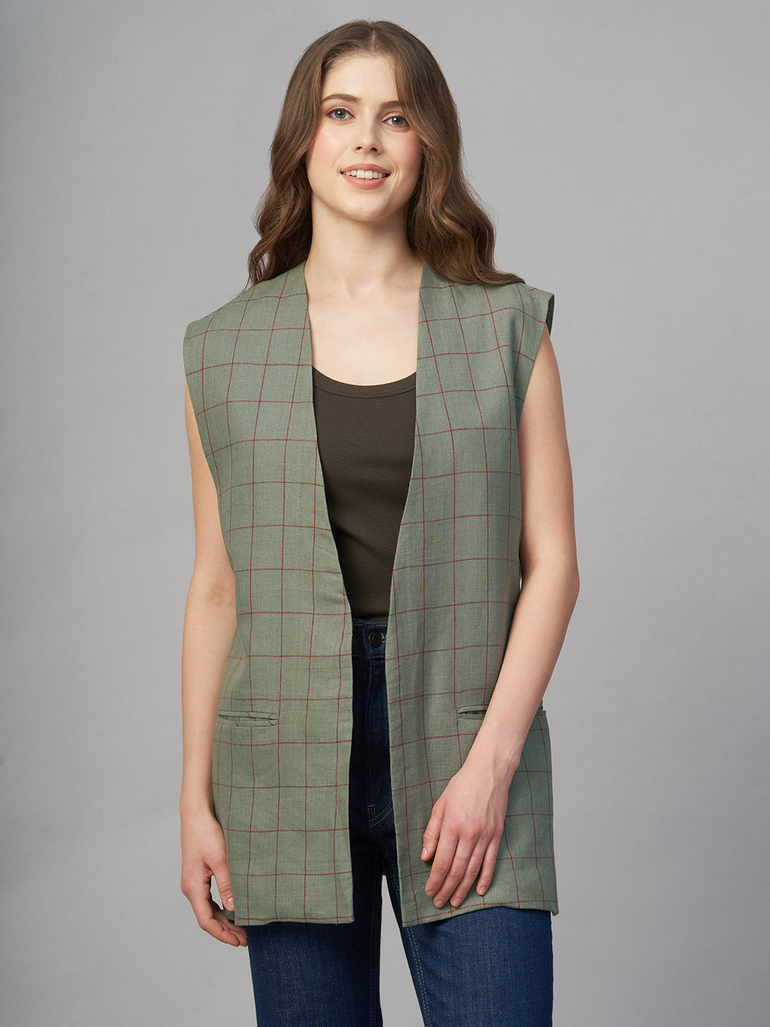Women's Olive 100% Linen Boxy Fit Waistcoat