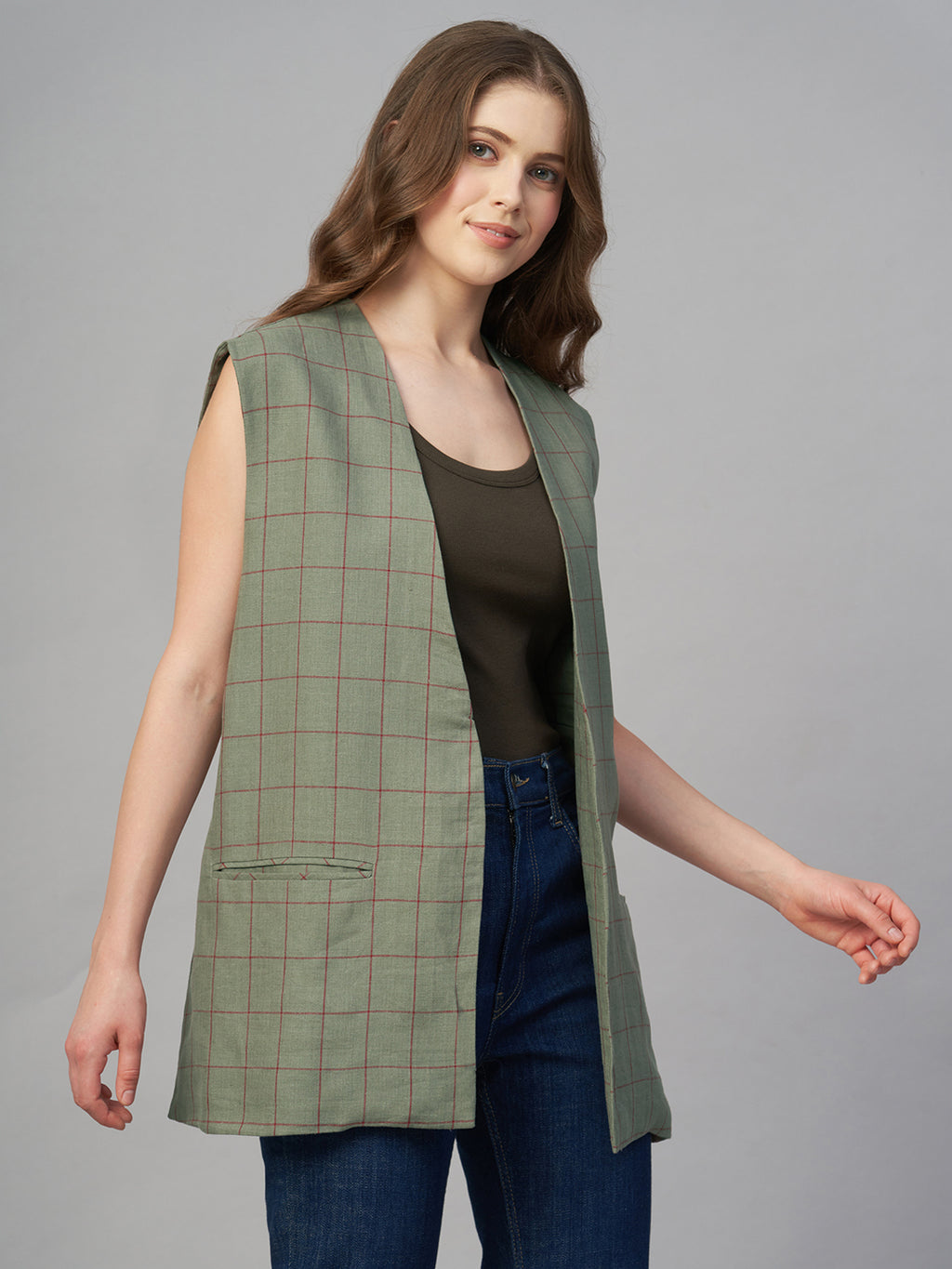 Women's Olive 100% Linen Boxy Fit Waistcoat