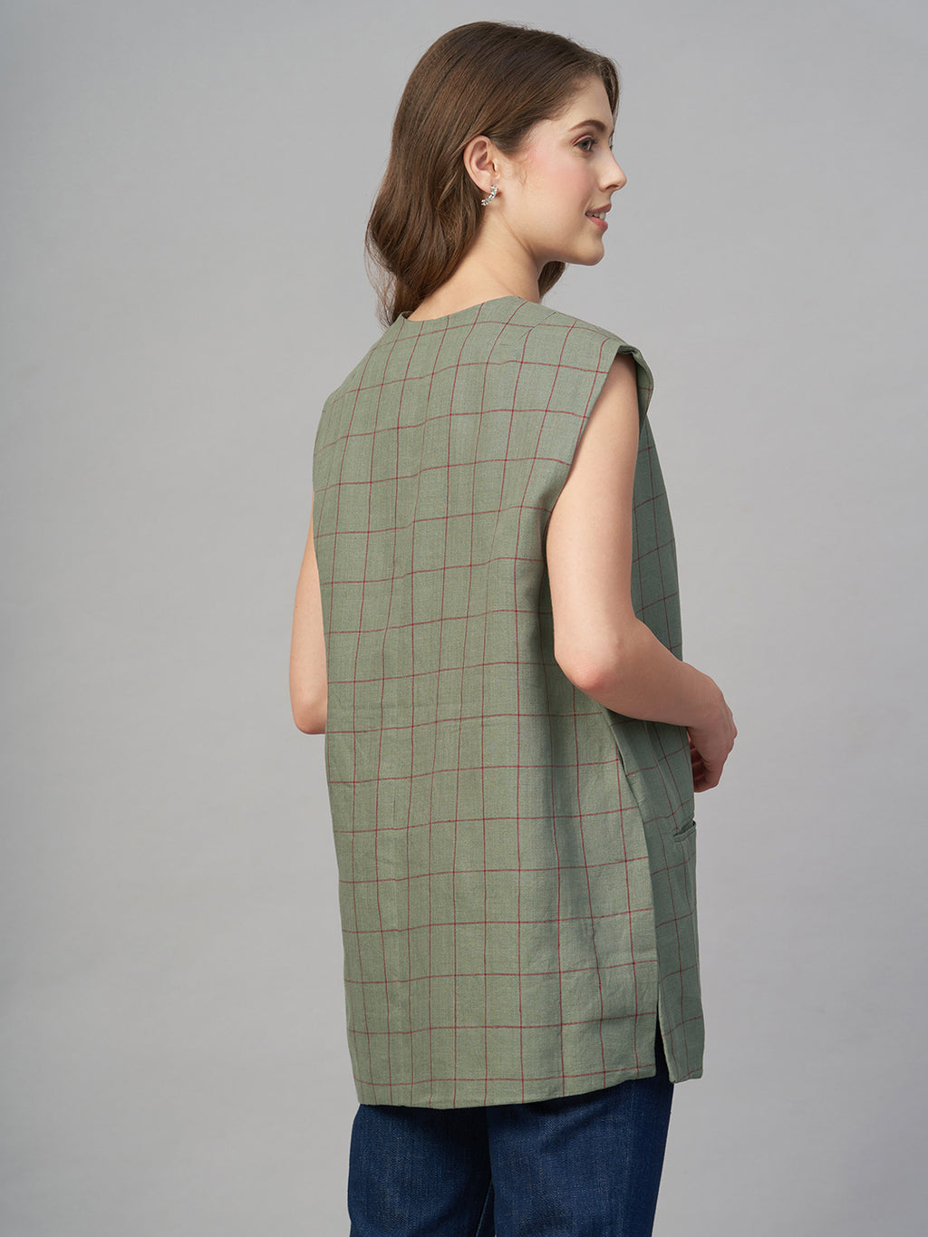 Women's Olive 100% Linen Boxy Fit Waistcoat