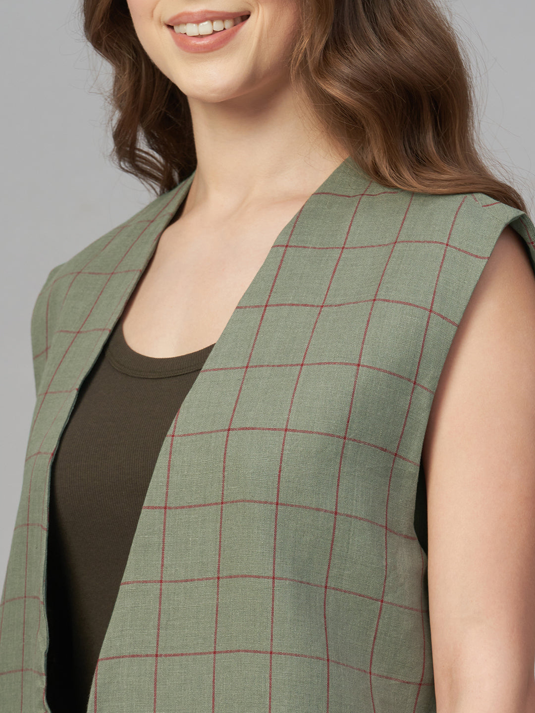 Women's Olive 100% Linen Boxy Fit Waistcoat
