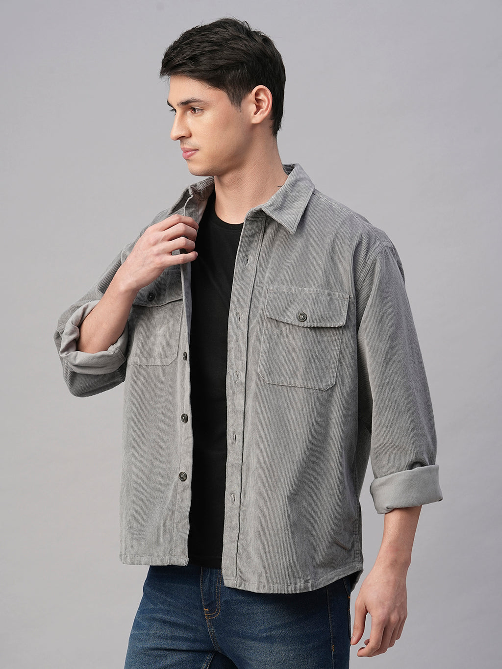 Men's Corduroy Grey 100% Cotton Regular Fit Jackets