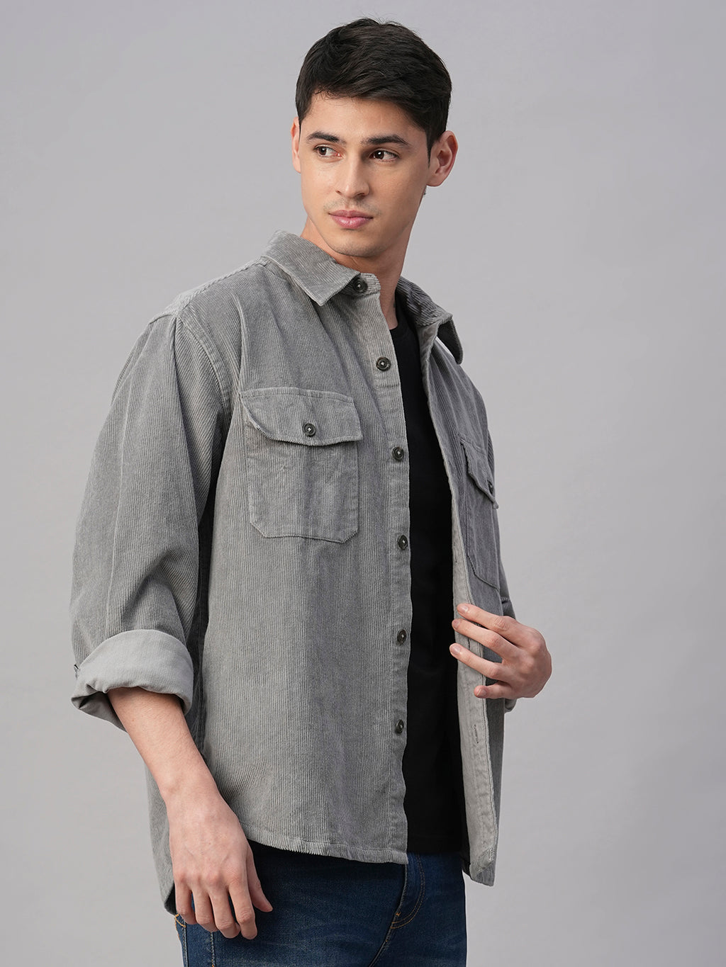 Men's Corduroy Grey 100% Cotton Regular Fit Jackets