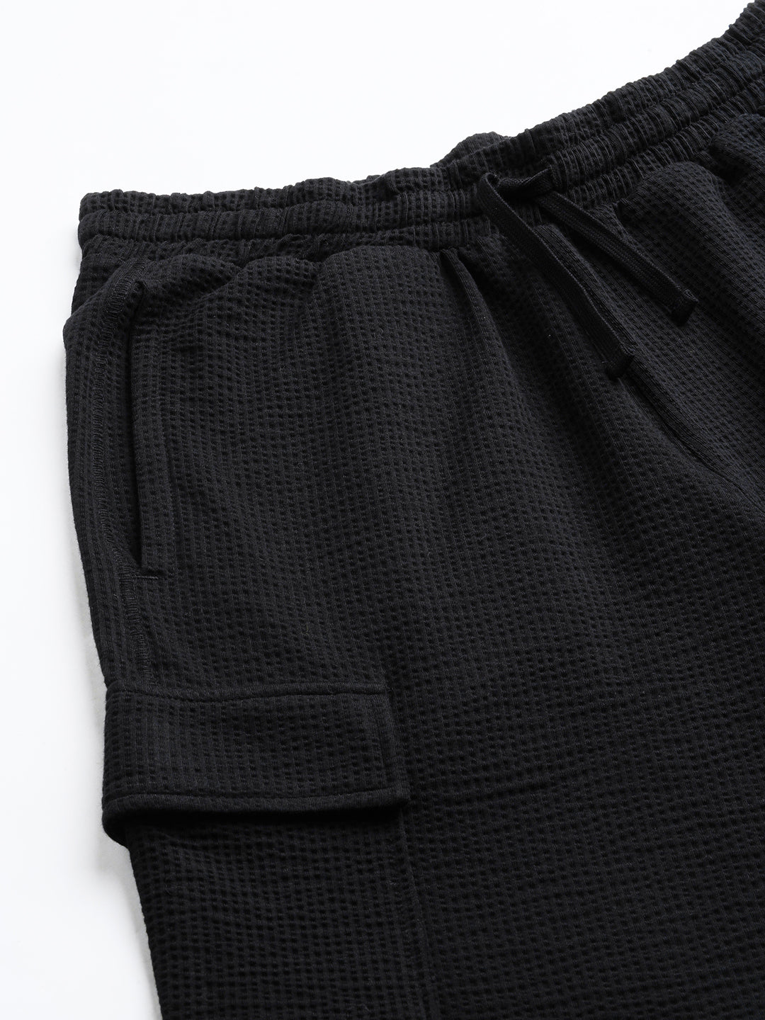 Men's Black Cotton Elastane Regular Fit Knit Shorts